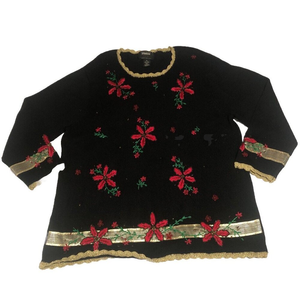VTG Studio Joy Knit Christmas Sweater embroidery poinsettias XL Gold Trim